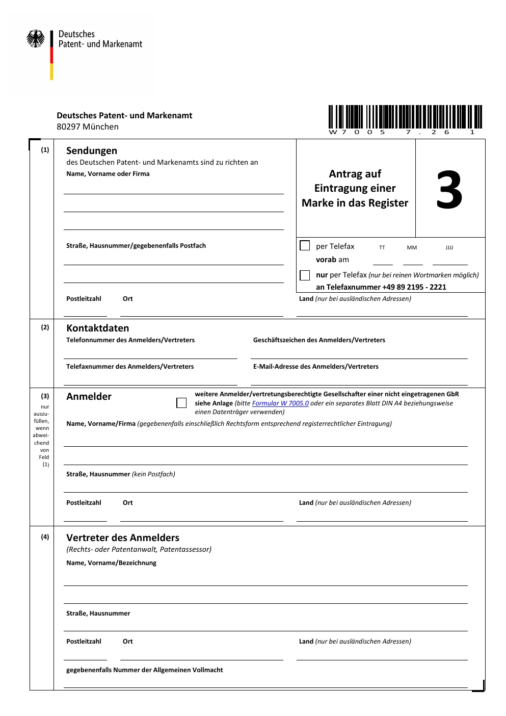 Erste Seite des amtlichen DPMA-Formulars W 7005: Antrag auf Eintragung einer Marke in das Register