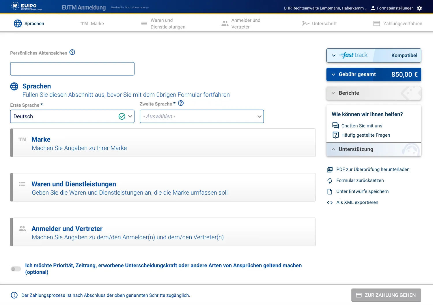 Online-Anmeldeformular des EUIPO für eine Unionsmarke mit den Abschnitten Sprachen, Marke, Waren und Dienstleistungen, Anmelder und Vertreter