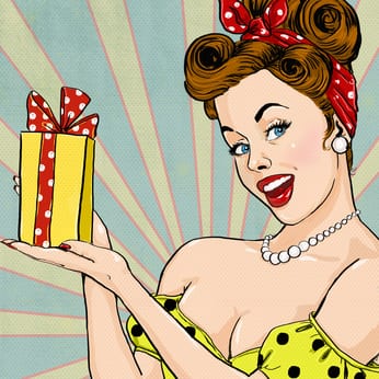 Girl with the gift .Pin up girl. Party invitation.