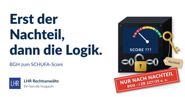 Verschlossene Blackbox mit Score-Anzeige, Schlüssel mit Anhänger „Nachteil“ und Stempel „Nur nach Nachteil – BGH I ZR 227/25 u. a.“