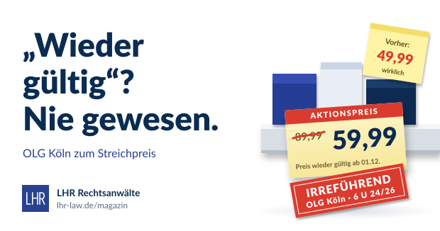 Regal-Preisschild mit durchgestrichenem Preis und Hinweis „Preis wieder gültig ab“, Stempel „Irreführend – OLG Köln 6 U 24/26“