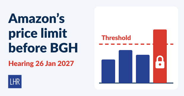 Bar chart with a dashed red threshold and a red bar above it with a padlock, next to the text “Amazon’s price limit before BGH – Hearing 26 Jan 2027”.