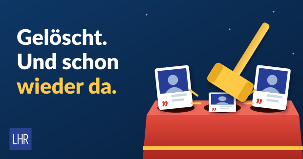 Illustration: Ein Hammer schlägt beim Hau-den-Maulwurf-Spiel ein Meme-Bild nieder, daneben tauchen zwei Kopien wieder auf – Überschrift „Gelöscht. Und schon wieder da.“