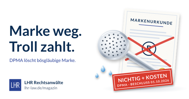 Beitragsbild: verchromte Handbrause vor einer durchgestrichenen Markenurkunde, Headline „Marke weg. Troll zahlt.“, roter Stempel „Nichtig + Kosten – DPMA Beschluss 01.10.2026“