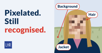 Illustration of a woman with a pixelated face in front of a field, background, hair and jacket marked, next to the text: Pixelated. Still recognised.