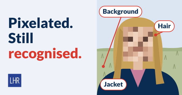 Illustration of a woman with a pixelated face in front of a field, background, hair and jacket marked, next to the text: Pixelated. Still recognised.