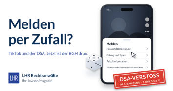 Smartphone mit geöffnetem Meldemenü und Würfel, daneben die Frage „Melden per Zufall?“ und der Stempel „DSA-Verstoß – OLG Bamberg, 3 UKl 5/25 e“
