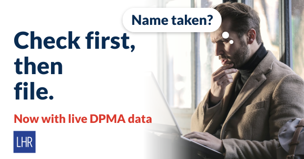 Thoughtful man at a laptop with a thought bubble reading “Name taken?”, next to the text “Check first, then file. Now with live DPMA data”
