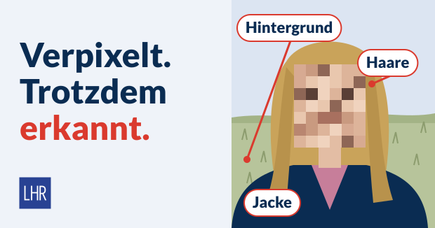 Grafik einer Frau mit verpixeltem Gesicht vor einer Feldlandschaft, Hintergrund, Haare und Jacke markiert, daneben der Text: Verpixelt. Trotzdem erkannt.